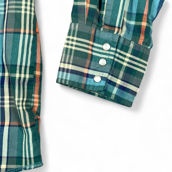 Wrangler Western Shirt Adult LARGE Green Blue Plaid Pearl Snap Outdoor Cowboy - Picture 7 of 10